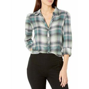 NWT Vince Camuto Women's S Shirt Top Plaid Green Blue Black V Neck Long Sleeve